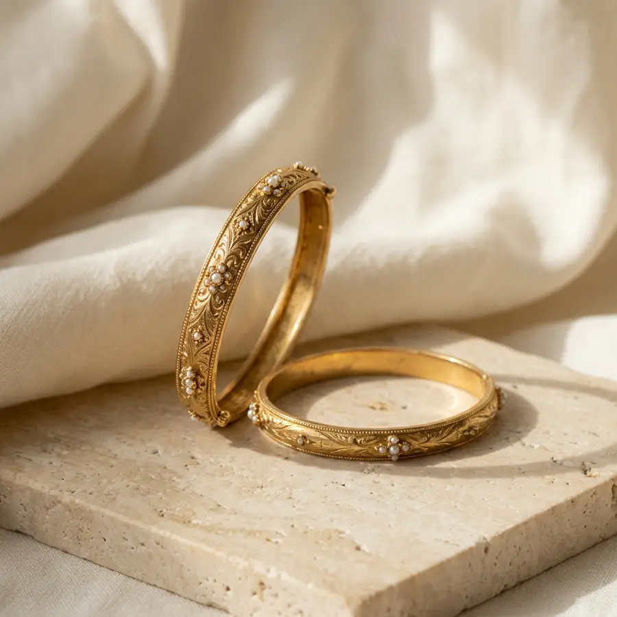 Pearl and gold bangles in warm afternoon light